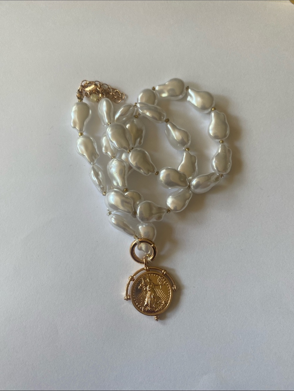 Gold Coin Pendant Faux Pearl Necklace - White